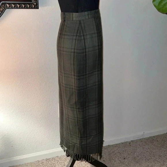 Ralph Lauren Women’s Vintage 80s 90s Olive Plaid Wool Fringe Preppy Skirt 10 - Picture 7 of 16